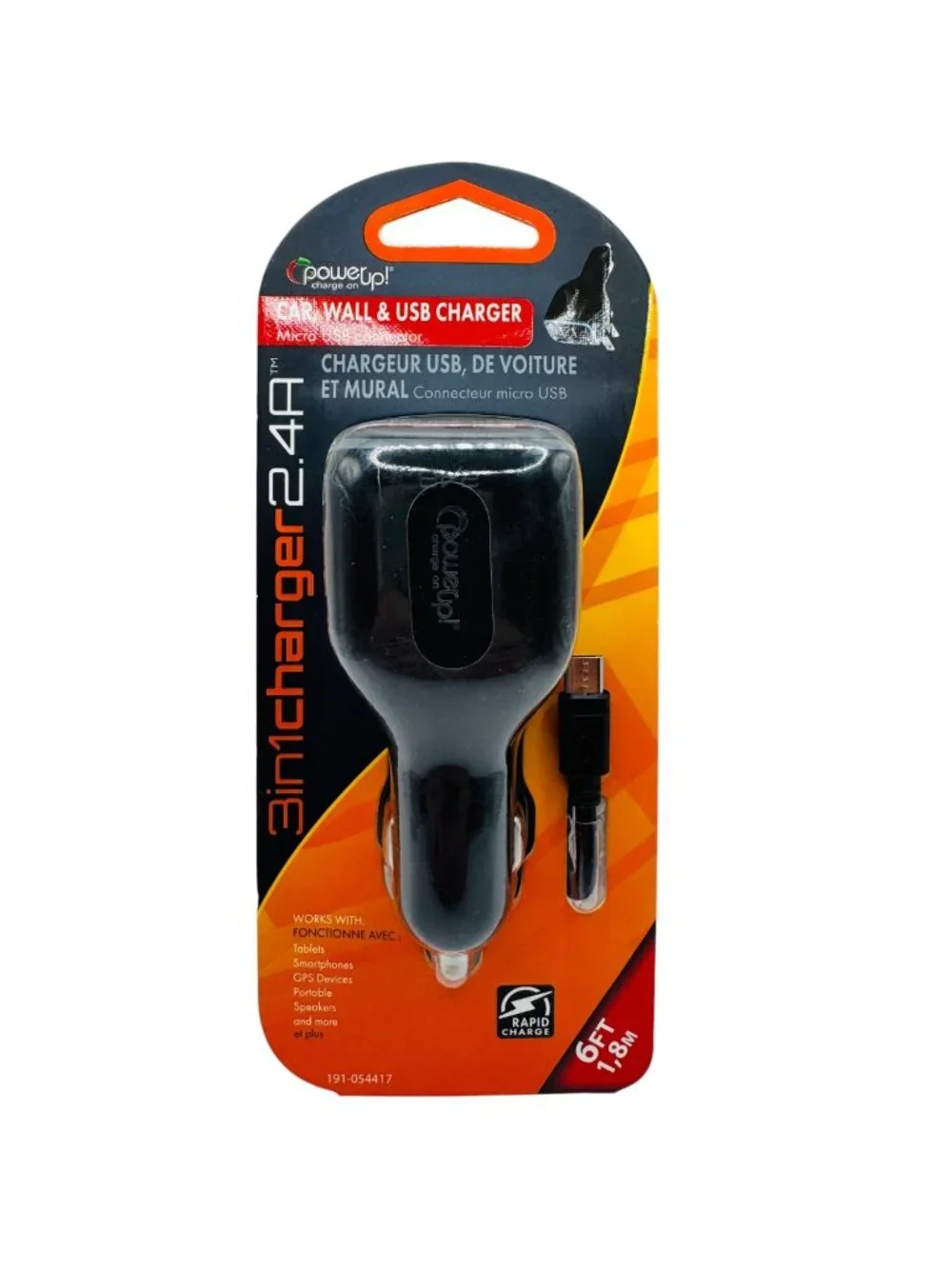 PowerUp 3-In-1 Car Wall USB Charger 2.4A With 6Ft Micro USB Cable Rapid Charge D